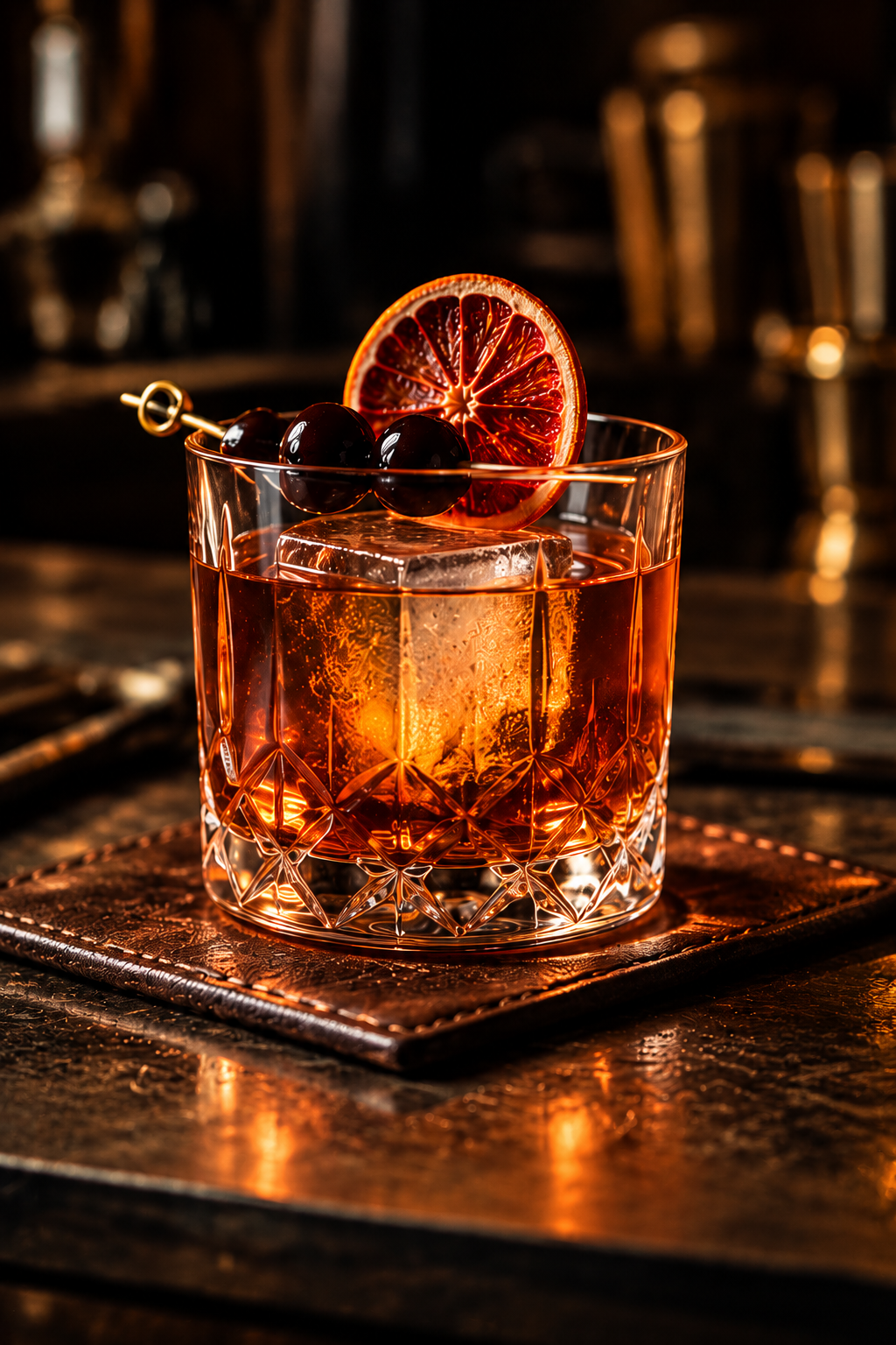 Rye Old Fashioned in a crystal rocks glass with a large ice cube, cherries, and a dried blood-orange slice